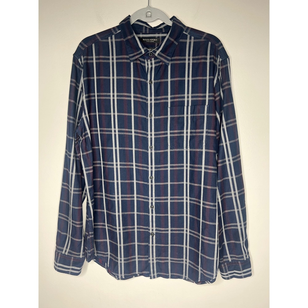 Banana Republic Luxe‎ Camden Fit Flannel Shirt Mens Large Navy Blue Plaid Cotton